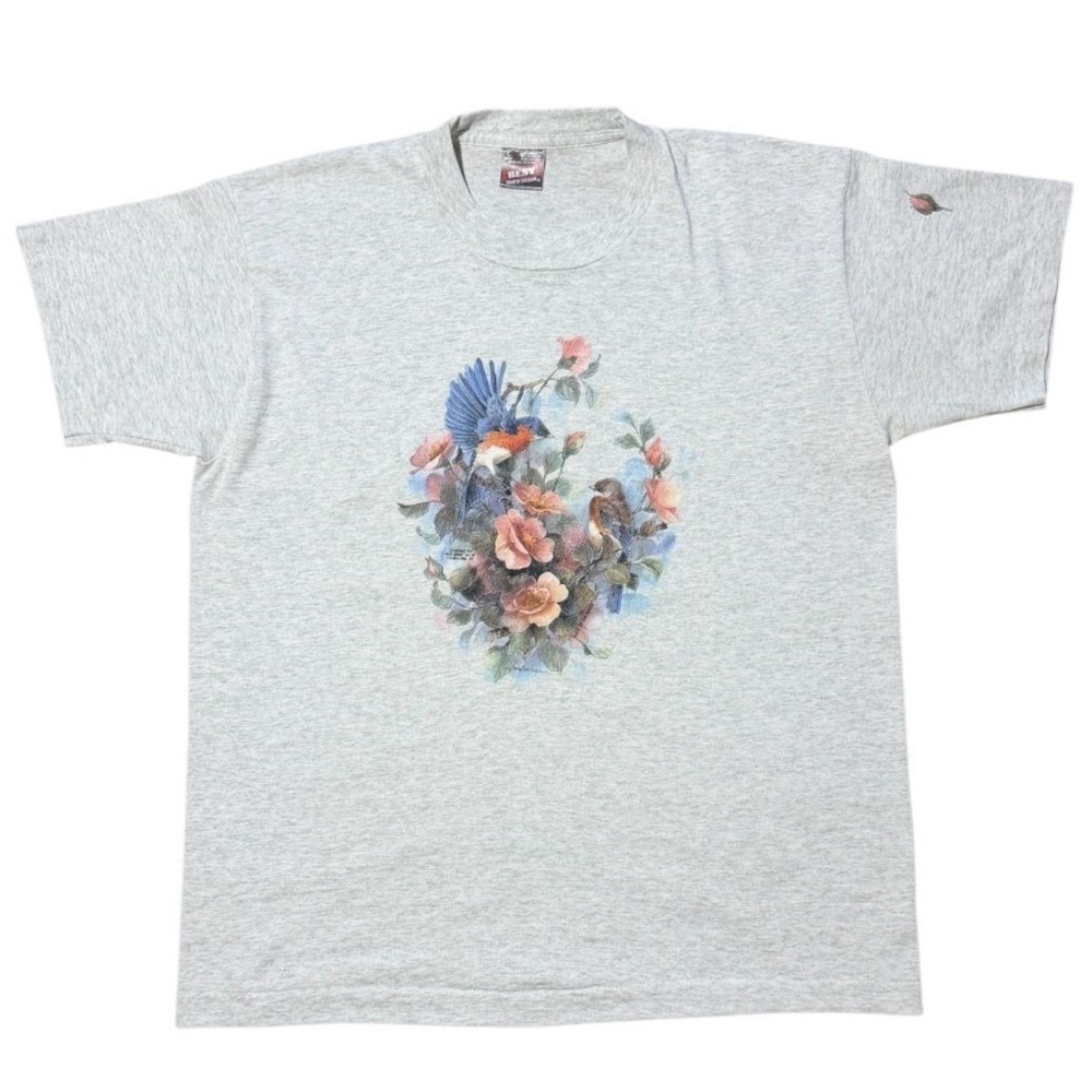 Vintage 90s Bluebird Floral Bird Roses Avian Animal Cottage Art Graphic T-shirt